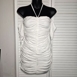 White Ruched Off-Shoulder Halter Mini Dress